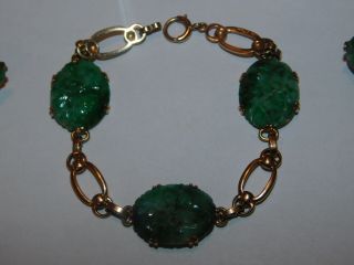 Lovely Vintage Ornately Carved Jade 14k Bracelet (12.  3g) & 10k Earrings (6.  4g) 10
