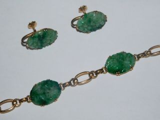 Lovely Vintage Ornately Carved Jade 14k Bracelet (12.  3g) & 10k Earrings (6.  4g)