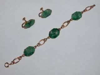 Lovely Vintage Ornately Carved Jade 14k Bracelet (12.  3g) & 10k Earrings (6.  4g) 2