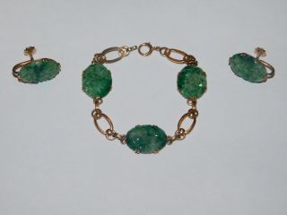 Lovely Vintage Ornately Carved Jade 14k Bracelet (12.  3g) & 10k Earrings (6.  4g) 8