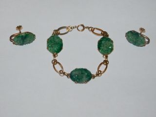 Lovely Vintage Ornately Carved Jade 14k Bracelet (12.  3g) & 10k Earrings (6.  4g) 9