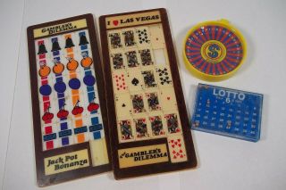 4 Vtg Gambling Theme Game Toys Slide Puzzle Roulette Lotto Ramthaint Tin