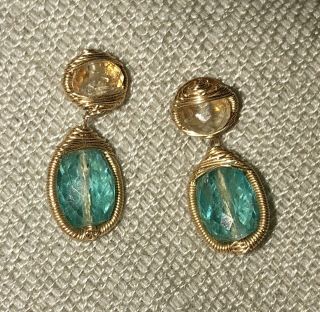 Vintage Judy Geib Earrings Blue Tourmaline Citrine Wrapped In Gold Wire Barneys