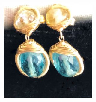 Vintage Judy Geib Earrings Blue Tourmaline Citrine Wrapped In Gold Wire Barneys 6