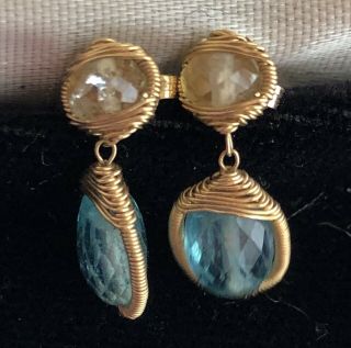 Vintage Judy Geib Earrings Blue Tourmaline Citrine Wrapped In Gold Wire Barneys 8