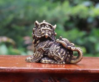 6 Cm Chinese Pure Bronze Foo Dog Lion Kylin Unicorn Animal Amulet Sculpture