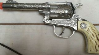 OLD HUBLEY TEXAN JR LONG BARREL TOY CAP GUN w LEATHER LONG HORN HOLSTER 3