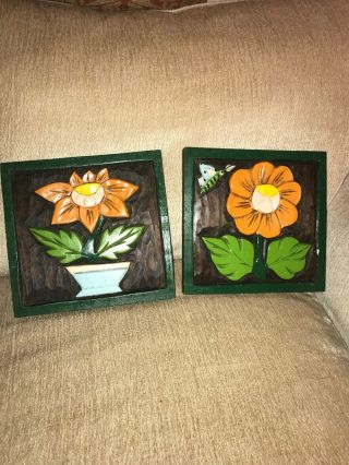 Vintage Hand Carved Folk Art Wood Flowers Shabby Chic Wall Hanging Decor