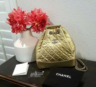 Authentic Chanel Gabrielle Quilted Metallic Gold Backpack Bag,  Rare Complete