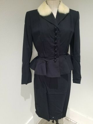 Vtg 1950s Lilli Ann Navy Blue Skirt Suit Set 28 " W High Fashion Fur Collar