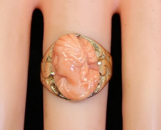 Gorgeous Antique C1900 14k Gold Angel Skin Coral Cameo Ring Size 6.  75