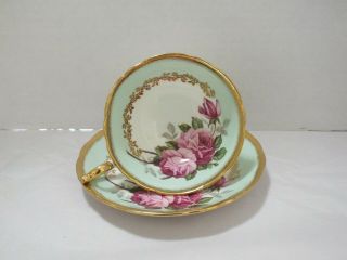 Eb Foley Green Cup And Saucer Large Pink Roses