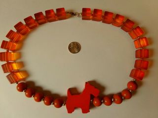 Vintage Orange Bakelite & Prystal Bakelite Scottie Terrier Dog Necklace 81.  2 Gr