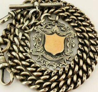 Very Heavy Antique Solid Silver Double Albert Pocket Watch Chain W Fob