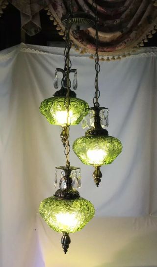 Vtg Mid - Century Triple Large Green Glass Hanging Swag Lamp Pendants Prisms