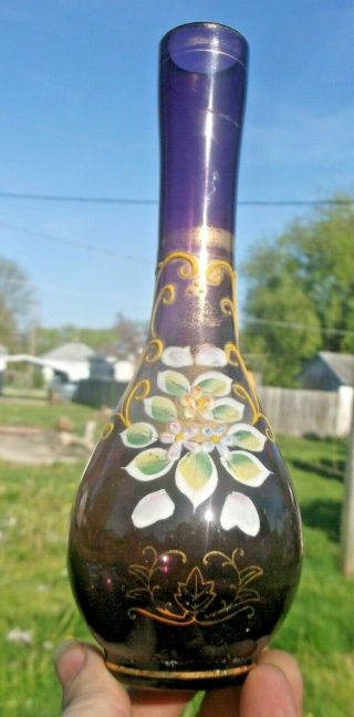 Dark Violet Colored Glass Vase Painted Flowers 1910 Era Decorative L@@k