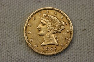 1855 - C Liberty Gold Half Eagle $5 - Xf Details - Rare Charlotte Gold Coin