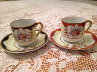 2 Vintage Ardalt Hand Painted Occupied Japan Demitasse Tea Cups And Saucers