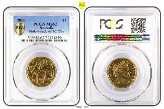 Australia Rare 2000 $1 Dollar Mule Coin Pcgs Ms62 Unc,  Looks Better
