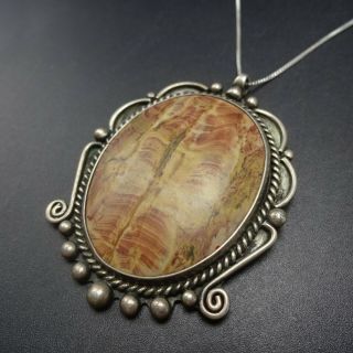 Vintage Navajo Sterling Silver And Petrified Wood Pendant,  18 " 925 Box Chain