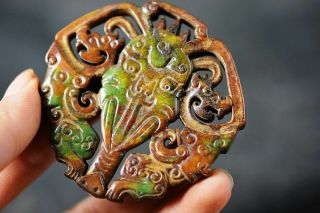 Rare Chinese Old Jade Hand Carved Dragon/Elephant/People Pendant J15 3