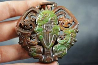 Rare Chinese Old Jade Hand Carved Dragon/Elephant/People Pendant J15 4