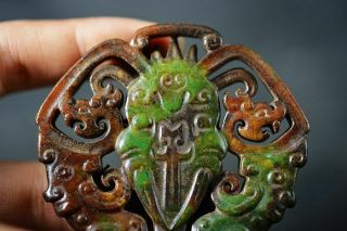 Rare Chinese Old Jade Hand Carved Dragon/Elephant/People Pendant J15 5