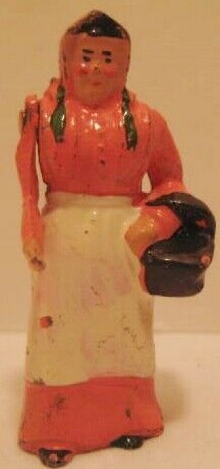 Antique Metal Toy Figure Woman In Pink Dress W Basket Britains 1930s - 40s