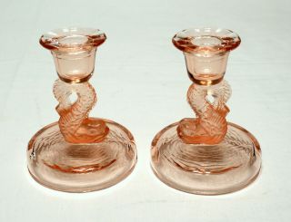 Set Of 2 Pink Depression Koi Fish 4 1/4 " Candle Holders / Candle Stick Pair