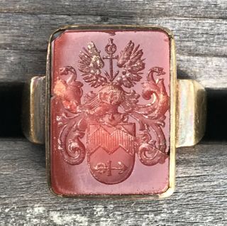 22 K Gold & Carnelian German Family Crest Ring 12.  9g Size 8 - 3/4