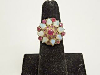 14k Yellow Gold Opal Ruby Thai Princess Ring Dome Ring Cluster Ring Vintage Ruby