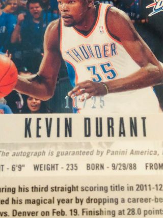 2012 - 13 Prizm Autographs Kevin Durant Thunders 11/25 BGS 10 BLACK LABEL Rare 3