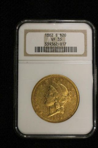 Rare B 1862 - S $20 Gold Coin Liberty Double Eagle Civil War Date Ngc Vf 35