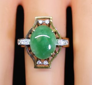 Gorgeous Antique 14k Gold 6 Ct Oval Imperial Jade & Diamond Ring Size 6.  5