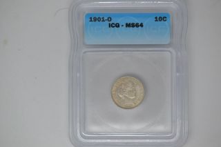 1901 - O Barber Dime - Icg Ms - 64.  Lovely,  Rare Date.