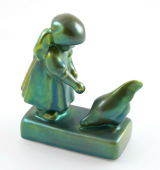 Zsolnay Pottery Iridescent Green Porcelain Girl Feeding Hen Chicken Figurine