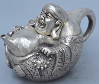 Collectable Handwork Miao Silver Carve Smile Buddha Temple Pray Souvenir Tea Pot