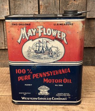 Rare Vintage May Flower Motor Oil 2 Gallon Gas Service Station Garage Metal Can