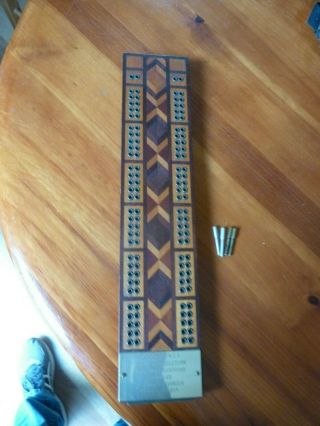 Vintage Cribbage Board Hand Made Inlaid Wood Ymca Award 1957 Middletown Ct