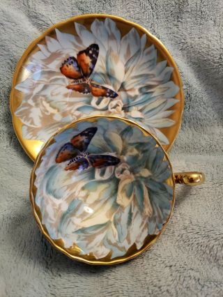 Vintage Aynsley China Cup & Saucer - Colorful Chrysanthemum Butterfly & Gold