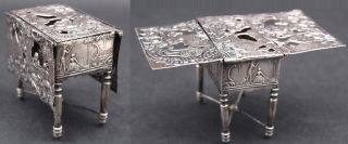 Miniature Antique Hallmarked Dutch Sterling Repousse Scenic Drop Leaf Table,  Box