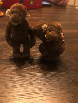 Vintage Wagner Handwork Germany Animal - Happy Fuzzy Brown Monkeys Set Of 2