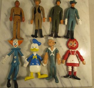 8 Vintage Bendie Bendable Rubber Figurines Tonto Bozo Duck Popeye Soldier Lone