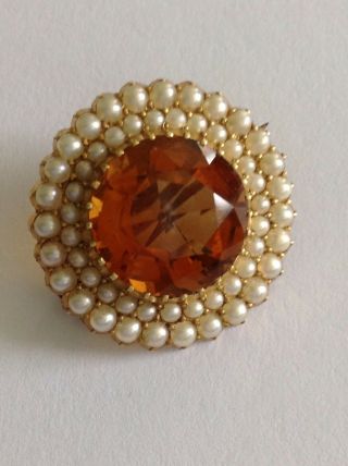 Finest Victorian 15ct Gold Natural Citrine & Seed Pearl Set Circular Brooch