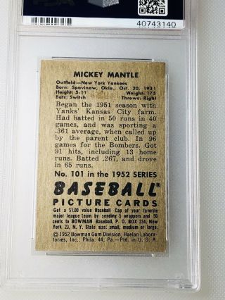 1952 Bowman Mickey Mantle 101 PSA 5 EX HOF Yankees Vintage Baseball Card 4