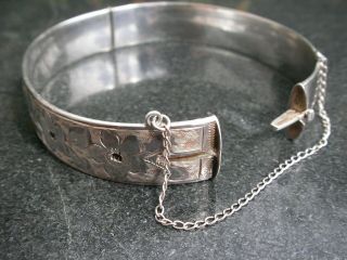 Vintage Georg Jensen Sterling Silver Forget - me - not Bracelet Bangle Safety Chain 6