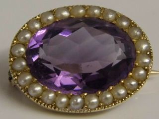 An Exquisite Antique Victorian 15ct Gold Amethyst & Pearl Brooch