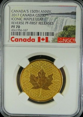RARE 2017 CANADA GOLD $200 ICONIC MAPLE LEAF REVERSE PROOF NGC PF 70 500 MINTAGE 2