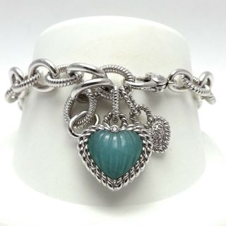 Judith Ripka Sterling Silver Blue Jade Ribbed Heart Charm Cz Cable Bracelet 7.  5 "