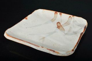 S8621: Japanese Shino - ware White glaze ORNAMENTAL PLATE/Dish w/signed box 4